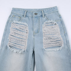 Straight Leg Blue Ripped Jeans - fairypeony