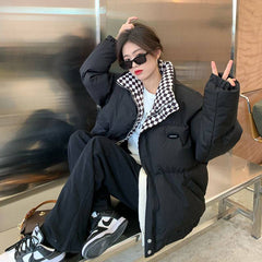 Checkered Collar Zip Up Padded Jacket, , women clothing, checkered-collar-zip-up-padded-jacket, , fairypeony