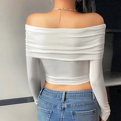 White Long Sleeve Off Shoulder Y2K Top - fairypeony