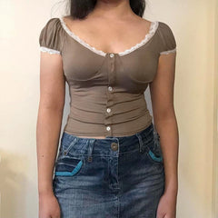 Lace Trim Short Sleeve Button Crop Top - fairypeony
