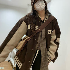 Logo Embroidery Vintage Padded Varsity Jacket - fairypeony