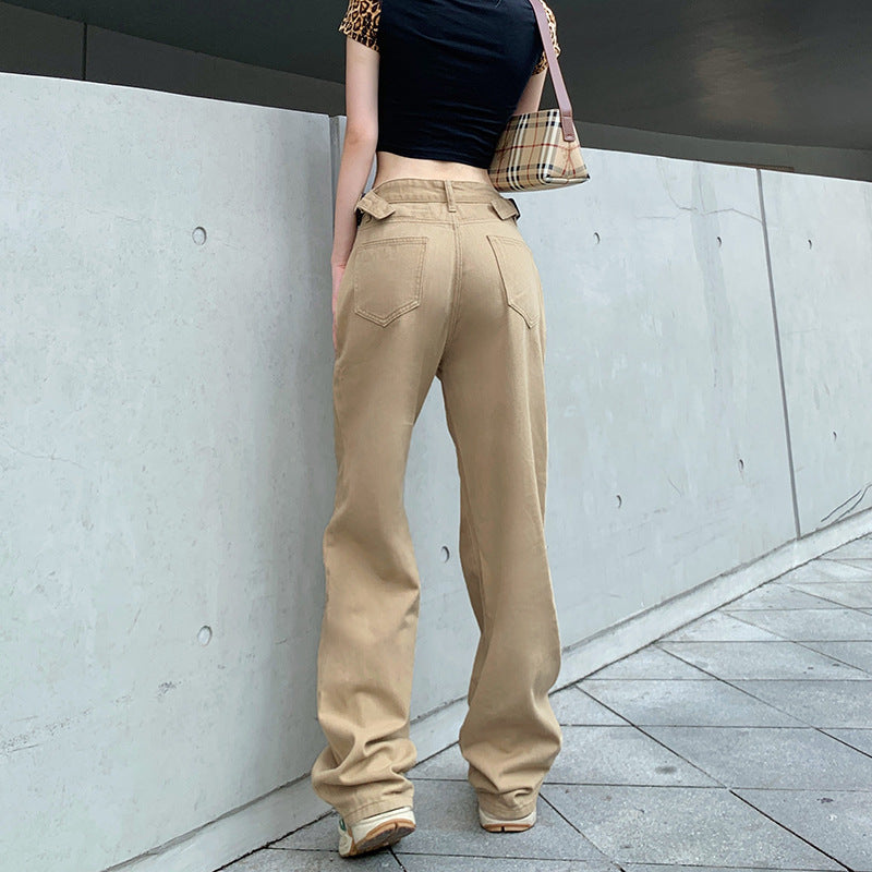 Khaki High-waist Straight-leg Casual Trousers, , women clothing, khaki-high-waist-straight-leg-casual-trousers, , fairypeony