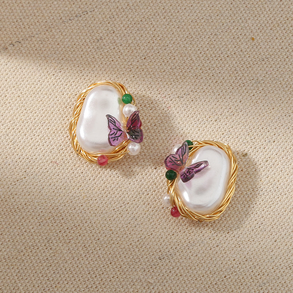 Pure Hand-made Copper Wire-wound Pearl Butterfly Earrings, , women clothing, pure-hand-made-copper-wire-wound-pearl-butterfly-earrings, , fairypeony