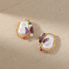 Pure Hand-made Copper Wire-wound Pearl Butterfly Earrings, , women clothing, pure-hand-made-copper-wire-wound-pearl-butterfly-earrings, , fairypeony