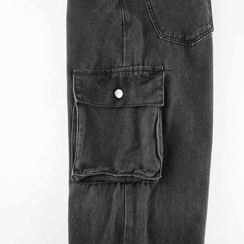 Washed Mid Waist Pocket Cargo Jeans - fairypeony