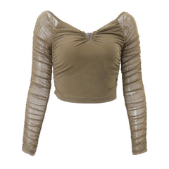 Ruched Mesh Long Sleeve Crop Top - fairypeony