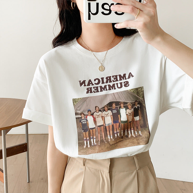 American Summer T-shirt, , women clothing, vintage-print-crew-neck-oversized-loose-half-sleeve-tshirt, L, M, S, white, XL, fairypeony