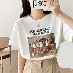 American Summer T-shirt, , women clothing, vintage-print-crew-neck-oversized-loose-half-sleeve-tshirt, L, M, S, white, XL, fairypeony