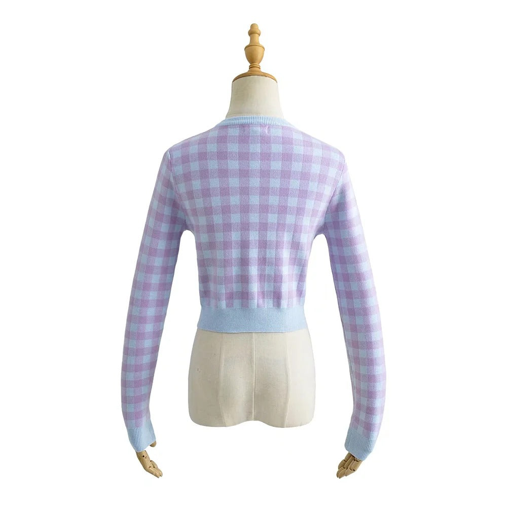 Checkered Button Front Knit Crop Cardigan, , women clothing, checkered-button-front-knit-crop-cardigan, , fairypeony