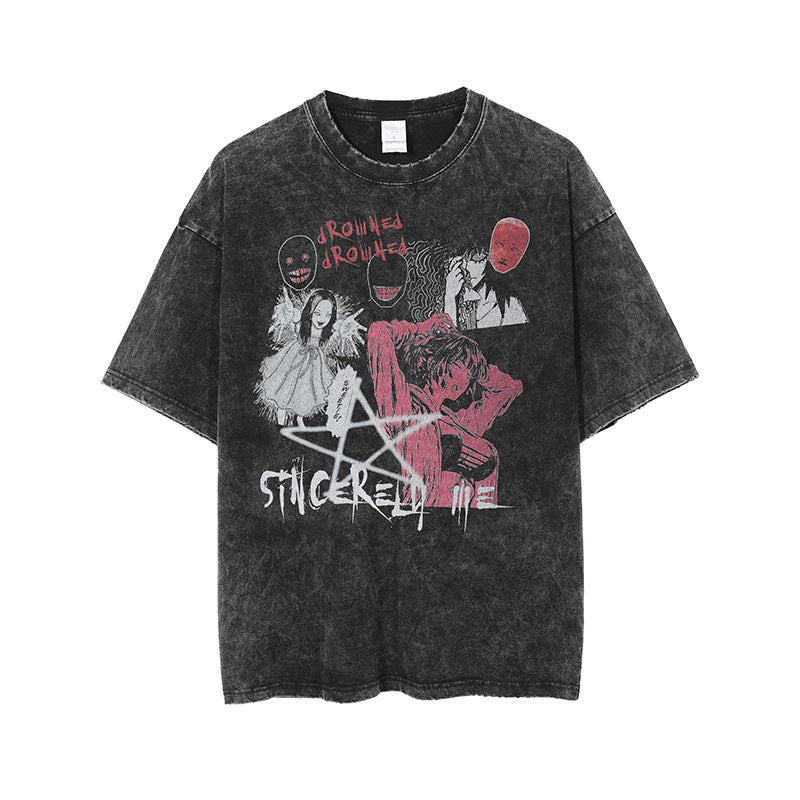 Loose Washed Distressed Short Sleeve T-Shirt, , women clothing, loose-washed-distressed-short-sleeve-t-shirt, black, L, M, XL, fairypeony