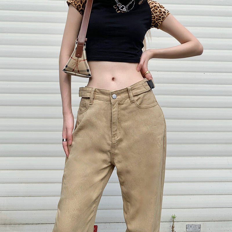 Khaki High-waist Straight-leg Casual Trousers, , women clothing, khaki-high-waist-straight-leg-casual-trousers, , fairypeony