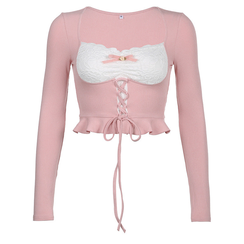 Lace Trim Pure Blushing Crop Top - fairypeony