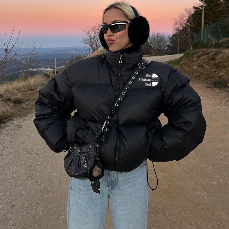 Simple Solid Color Zip Up Puffer Jacket - fairypeony