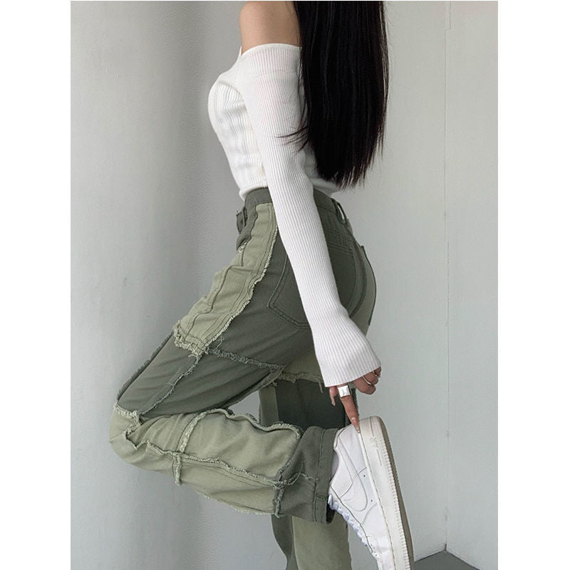 Stitching Contrast Color High Waist Straight Pants, , women clothing, stitching-contrast-color-high-waist-straight-pants, , fairypeony