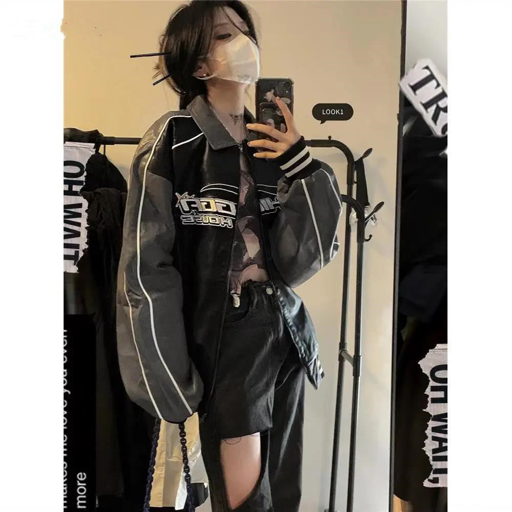 Oversized Star Logo Pu Leather Varsity Jacket - fairypeony