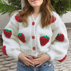 Cute Strawberry Loose V-neck Cardigan Sweater, , women clothing, cute-strawberry-loose-v-neck-cardigan-sweater, , fairypeony