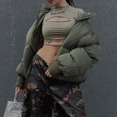 Army Green Zip Up Puffer Jacket - fairypeony