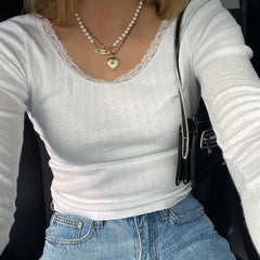 Lace Trim White Knit Top - fairypeony