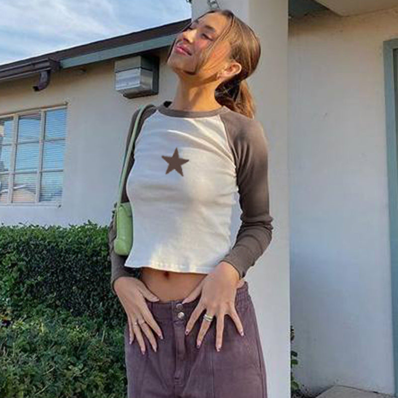 Raglan Sleeve Star Patch Knit Crop Top - fairypeony