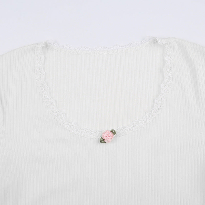 Lace Trim White Ribbed Knit Top - fairypeony