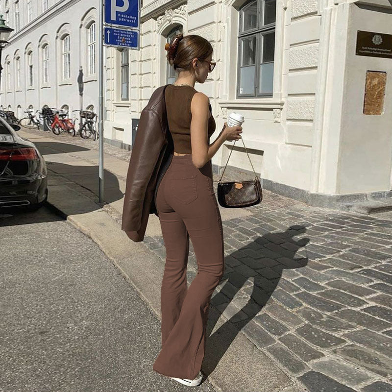 Dark Brown Skinny Flared Pants, , women clothing, dark-brown-skinny-flared-pants, , fairypeony