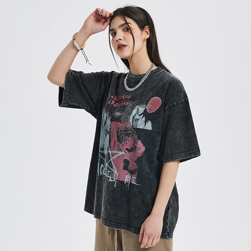 Loose Washed Distressed Short Sleeve T-Shirt, , women clothing, loose-washed-distressed-short-sleeve-t-shirt, black, L, M, XL, fairypeony