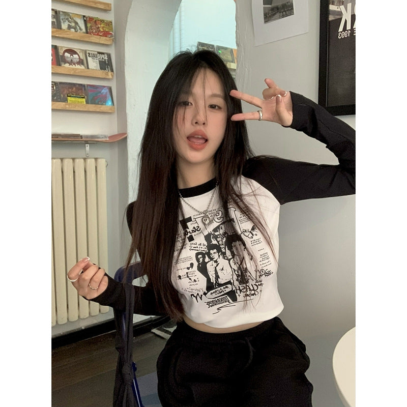 Vintage Printed Long Sleeve Crop Top - fairypeony