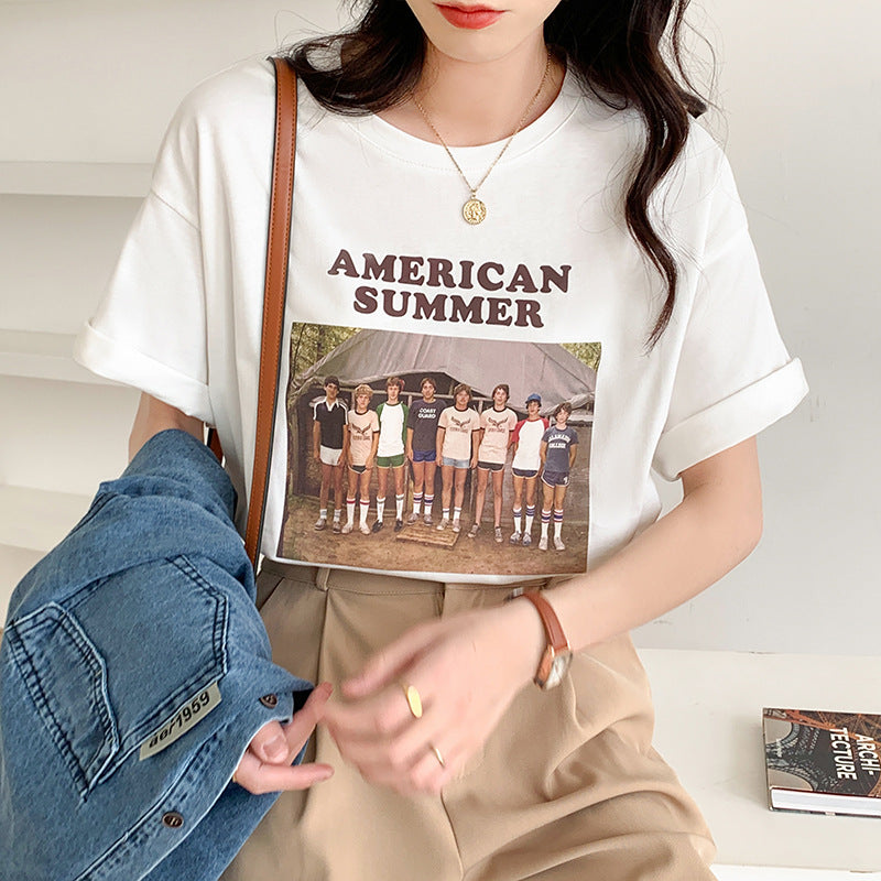 American Summer T-shirt, , women clothing, vintage-print-crew-neck-oversized-loose-half-sleeve-tshirt, L, M, S, white, XL, fairypeony