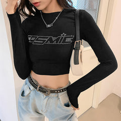 Rhinestone Letter Long Sleeve Crop Top - fairypeony
