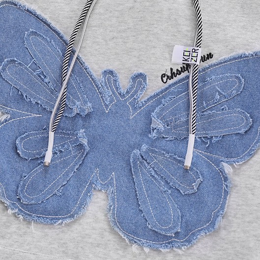 Patchwork Denim Butterfly Vintage Hoodie - fairypeony