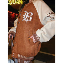 Embroidery Retro Baseball Jacket, , women clothing, embroidery-retro-baseball-jacket, brown, fairypeony