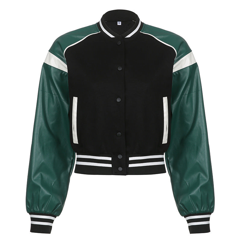 Pu Leather Paneled Cropped Varsity Jacket, fairy peony, women clothing, pu-leather-paneled-cropped-varsity-jacket, , fairypeony