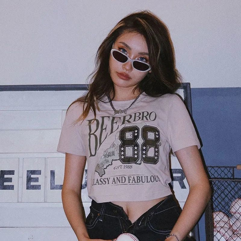 Vintage Logo Printed Short Sleeve Crop Top - fairypeony
