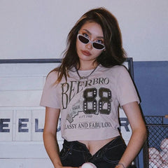 Vintage Logo Printed Short Sleeve Crop Top - fairypeony