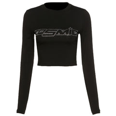Rhinestone Letter Long Sleeve Crop Top - fairypeony