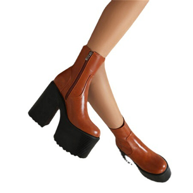 Chunky Heel Round Toe Platform Boots, , women clothing, chunky-heel-round-toe-platform-boots, , fairypeony