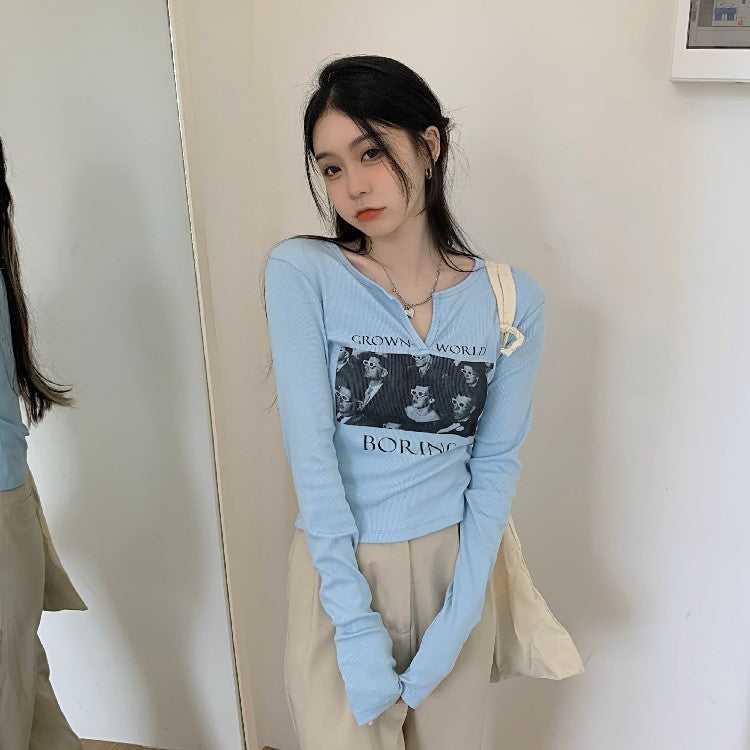 Figure Graphic Long Sleeve Crop Top - fairypeony