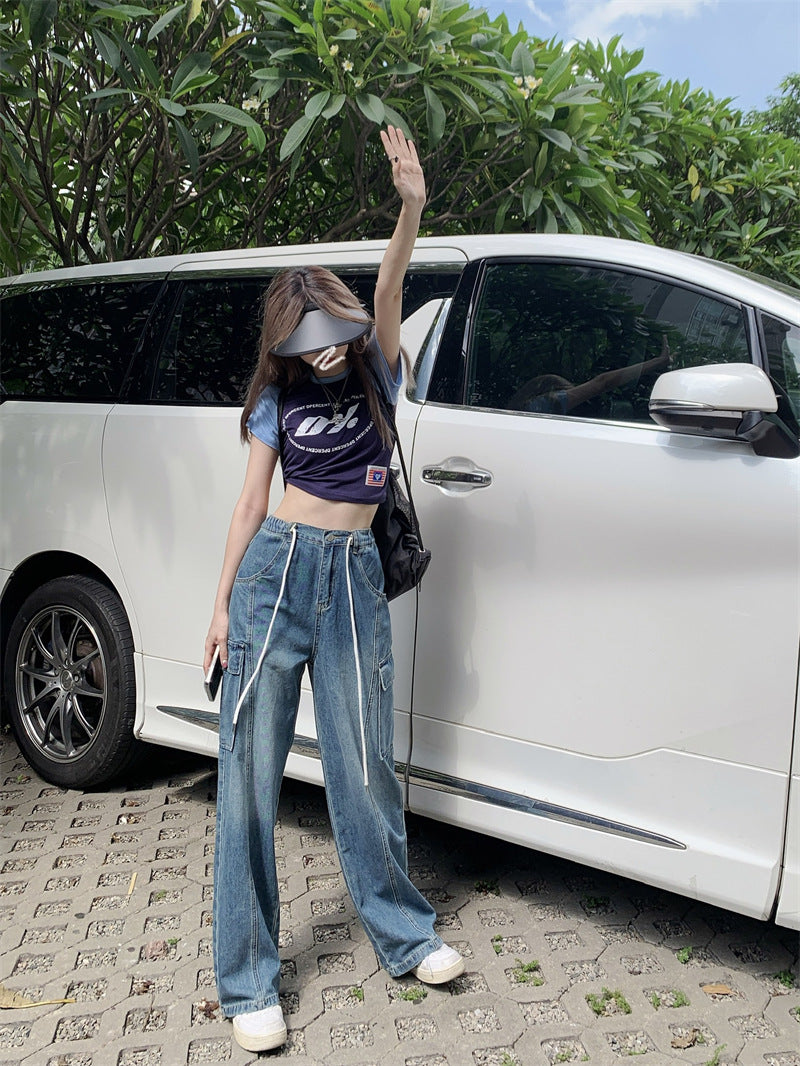 Tie Strap Blue Wash Straight Cargo Jeans - fairypeony