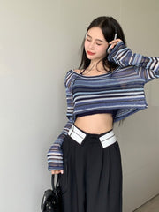 Contrast Striped Crochet Knit Crop Top - fairypeony
