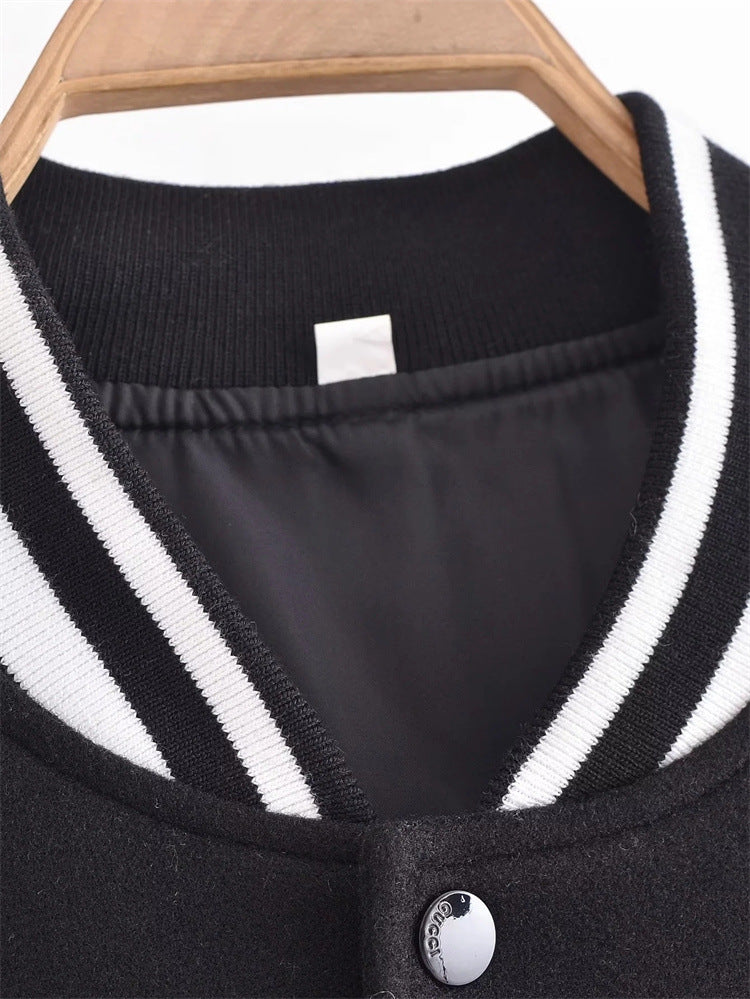 Black Retro Street Baseball Jacket, , women clothing, black-retro-street-baseball-jacket, , fairypeony