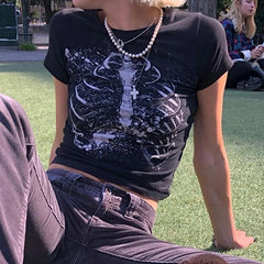 Print Round Neck Grunge Shirt, , women clothing, print-round-neck-grunge-shirt, black, Gothic, L, M, S, fairypeony