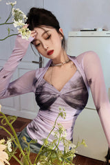 Lavender Contrasting Mesh Long Sleeve Top - fairypeony