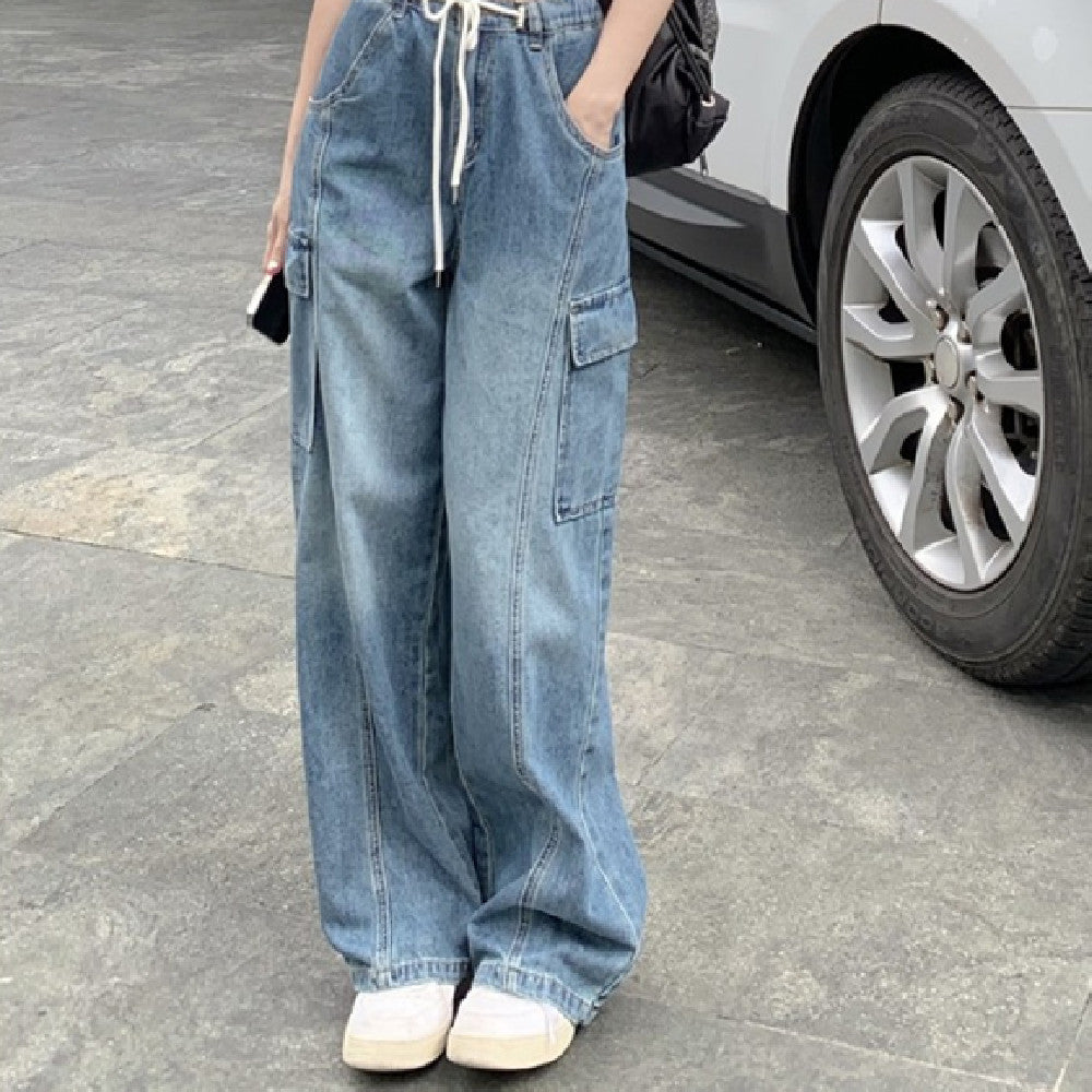 Tie Strap Blue Wash Straight Cargo Jeans - fairypeony