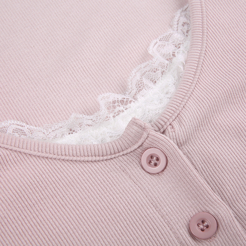 Lace Trim Knit Long Sleeve Button Crop Top - fairypeony