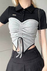 Tie Front Patchwork Button Up Crop Top - fairypeony