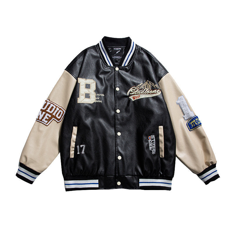 Oversized Pu Leather Varsity Jacket, , women clothing, oversized-pu-leather-varsity-jacket, black, brown, green, fairypeony
