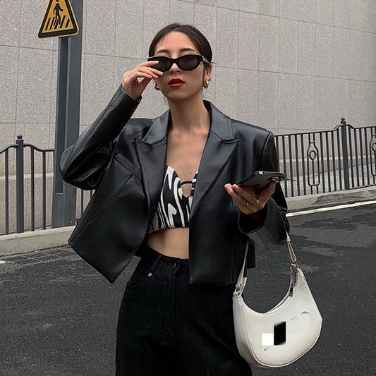 Pu Leather Casual Short Blazer Jacket, , women clothing, pu-leather-casual-short-blazer-jacket, black, fairypeony