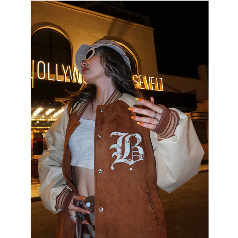 Embroidery Retro Baseball Jacket, , women clothing, embroidery-retro-baseball-jacket, brown, fairypeony