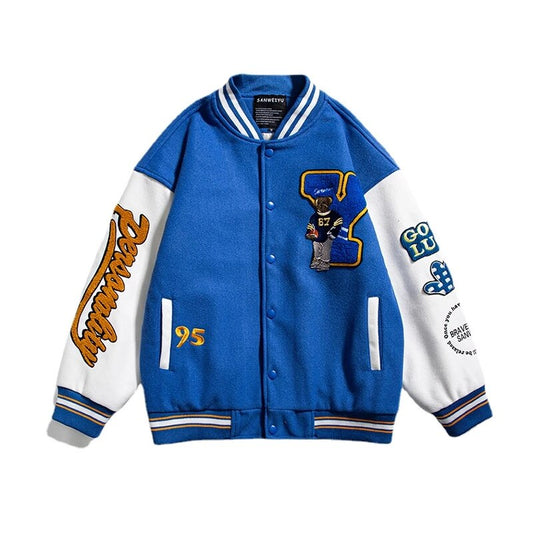 Retro Embroidery Letter Baseball Jacket, , women clothing, retro-embroidery-letter-baseball-jacket, black, blue, fairypeony