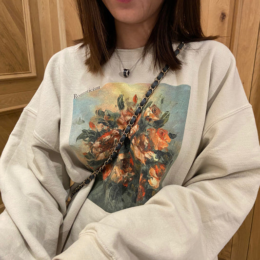 Retro Flowers Oil Painting Sweatshirt, , women clothing, retro-flowers-oil-painting-sweatshirt, apricot, L, M, XL, fairypeony